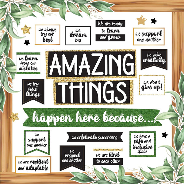 Decorably 105 Pcs Farmhouse Bulletin Board Decorations Set with Borders, Amazing Things Happen Here Classroom Decor
