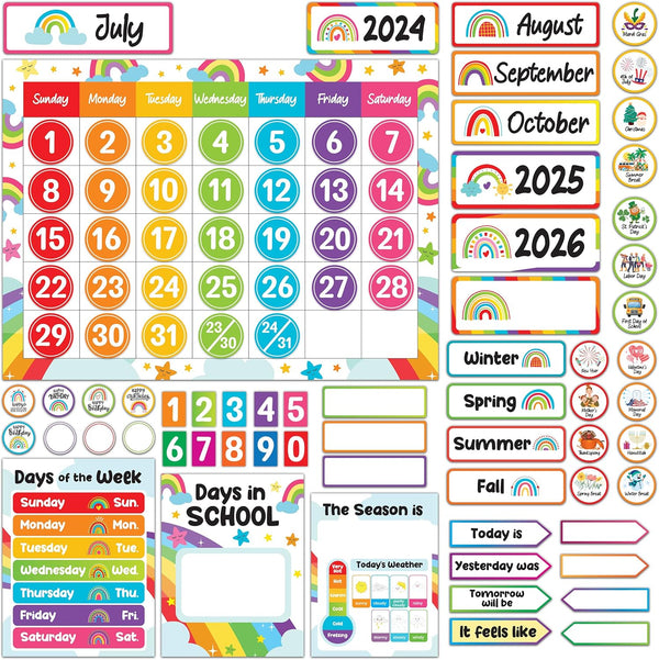 Decorably 147 Pcs Rainbow Calendar Bulletin Board Set for Classroom Teacher Calendar Set