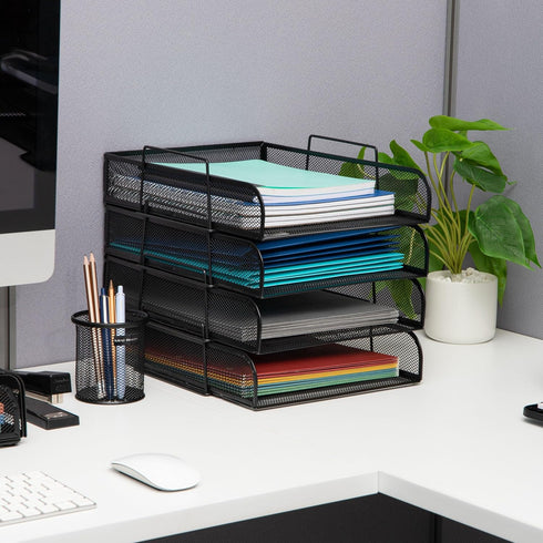 Mind Reader Stackable Paper Tray, 4 Pcs Desktop Organizer, Metal Mesh File Storage, 10.5" L x 13.5" W x 11.25" H, Black