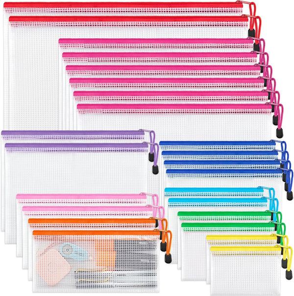 JARLINK 24 Pack Mesh Pouch, 8 Sizes, 9 Colors, Waterproof Zipper File Bags for Office, School, Travel Accessories, Home