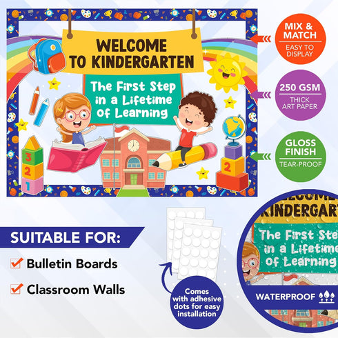 Decorably Kindergarten Bulletin Board Set - 49 Pcs Welcome Decorations with Borders for Back to School