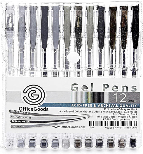 OfficeGoods Grey & Black Gel Pens with Refills – Glitter Metallic Classic, 12 Pack, Non-Toxic