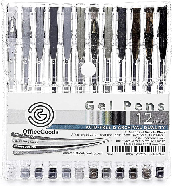 OfficeGoods Grey & Black Gel Pens with Refills – Glitter Metallic Classic, 12 Pack, Non-Toxic
