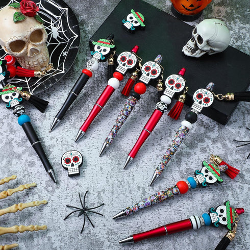 Colarr 12 Sets Beadable Pens Bulk Bead Pens with Colorful Beads Tassels Clasps and Dwarf Decoration Beaded Pens DIY Pens Making Kit for Women Kids Students Office School (Skull Style)