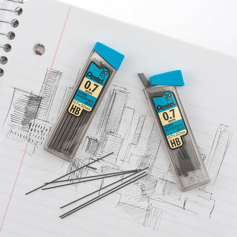 Pentel C257BPHB6 Super Hi-Polymer Lead Refills, 0.5mm, 0.7mm, HB, Black, 30/Tube, 6 Tubes