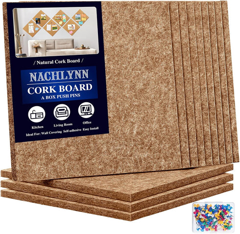 NACHLYNN Felt Cork Board Tiles, 12 Pack Brown 12 x 12-1/3" Self-Adhesive Corkboards with 100 Push Pins