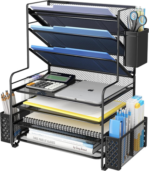 Simple Trending 7 Tier Desk File Organizer, Letter Tray Paper Organizer with Pen Holder and Metal Hanging Basket (Black)