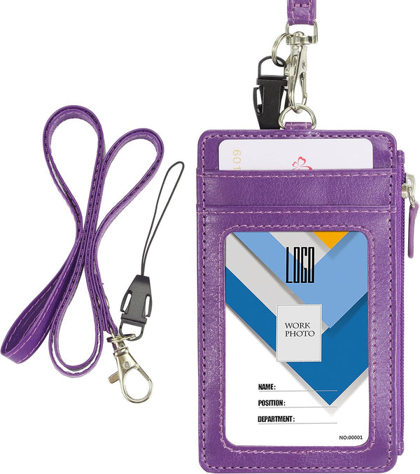 Wisdompro Badge Holder with Zip, 2-Sided Vertical PU Leather College ID Holder with Lanyard Strap - Purple
