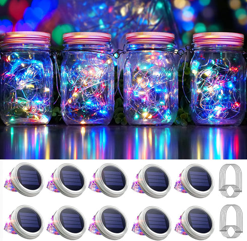 SmilingTown 30 LED 10 Packs Mason Jar Lights with Hangers Colorful Solar