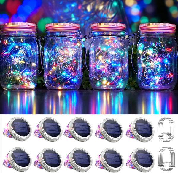 SmilingTown 30 LED 10 Packs Mason Jar Lights with Hangers Colorful Solar
