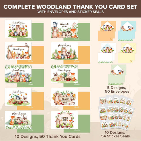 50 Pack 6x4in 10 Decorably Woodland Thank You Cards with Envelopes and Stickers, Folded Adorable Designs for Boys