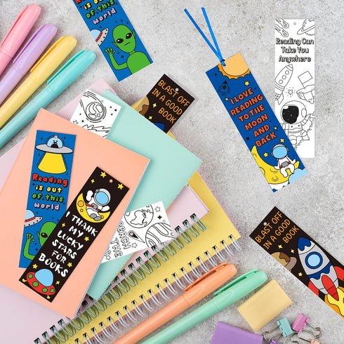 EYxsaxenk 72Pcs Color Your Own Bookmarks - Outer Space DIY Coloring Bookmark Astronaut Rocket Planet Blank Paper Book