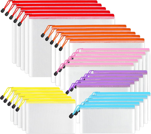 SUNEE Multisize Mesh Zipper Pouch (30 Packs, 6 Colors) - Waterproof Organizing Bags for School, Office Supplies, Games