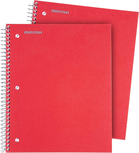 Mintra Office Durable Spiral Notebooks, 3 Subject, Red, College Ruled, 2 Pack