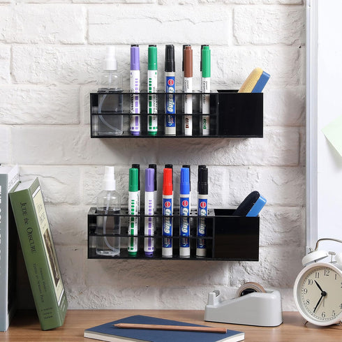 MyGift Dry Erase Marker Holder for Whiteboard, Black Acrylic Storage Rack for Markers, Eraser, Cleaning Bottles, Set of