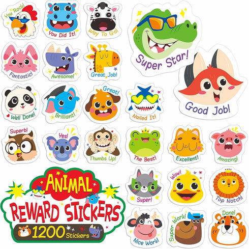 Hebayy 1200 PCS Incentive Stickers, 24 Adorable Animal Designs for Classroom Rewards, Motivational Stickers (1" Each)