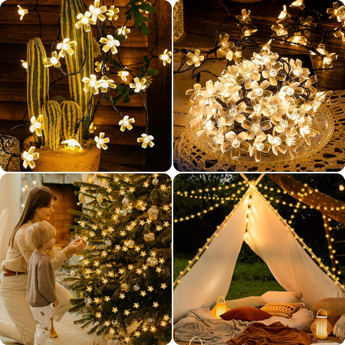 Solar Flower String Lights, 2 Pack 50 LED Waterproof Fairy Lights for Fence, Patio, Yard, Christmas Tree, Garden (Warm