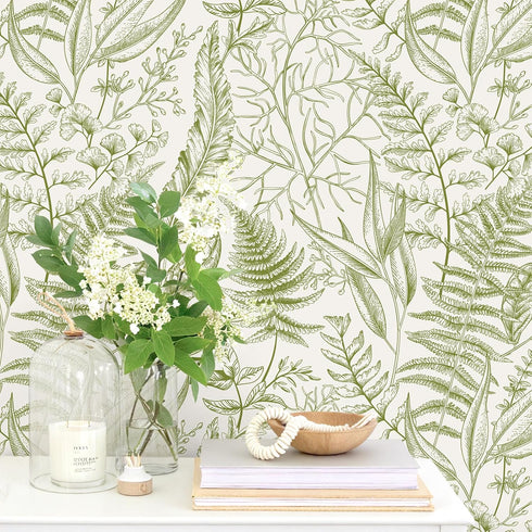 17.7''x354'' VEELIKE Vintage Green Fern Peel and Stick Wallpaper Tropical Herbs Leaf Wallpaper for Bedroom Powder Room