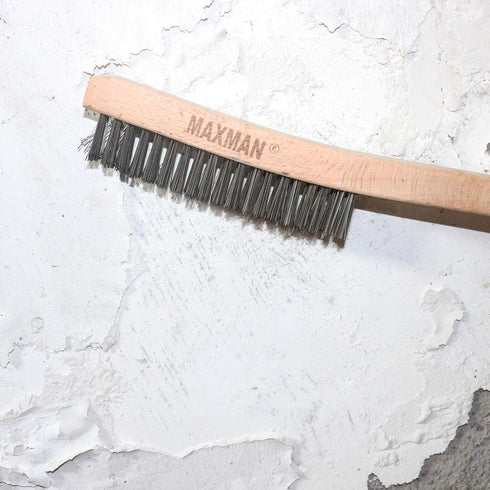 MAXMAN Heavy Duty Wire Brush, Carbon Steel and Stainless Steel for Cleaning Rust, Grill, Paint Removal, 14" Long Beech