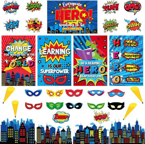Outus 33 Pcs Hero Theme Classroom Decorations, Bulletin Board Set with Posters and Banners for Pre School