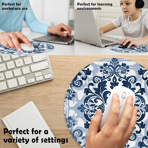 BILLAION 7.9x7.9 Inch Vintage Navy Blue and White Floral Mouse Pad for Desk, Classical Baroque Art Nouveau Flower