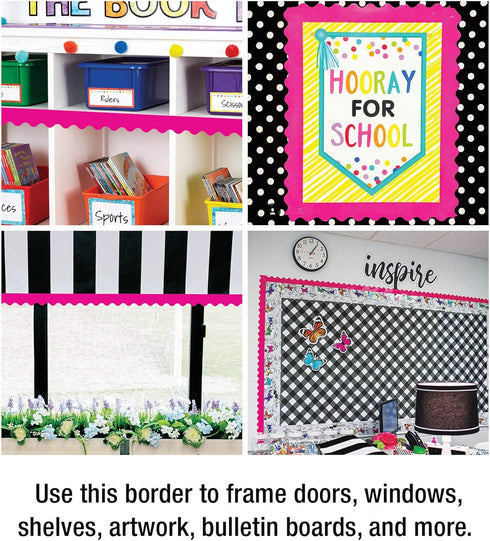Carson Dellosa 36Ft of Hot Pink Bulletin Board Borders, 13 Strips of Scalloped Trim for Valentine's Day