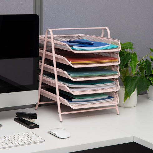 Mind Reader 5-Tier Paper Tray, Desktop Organizer, File Storage, Office, Metal Mesh, 11.75" L x 14" W x 14.5" H, Pink by Mind Reader