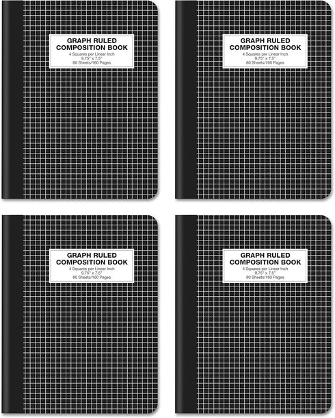 Better Office Products Quad Ruled Composition Book Notebook, 4 Pack, 80 Sheets, 4x4 Graph Ruled Paper, 9.75" x 7.5",