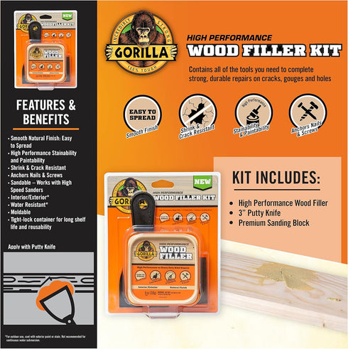 Gorilla All Purpose Wood Filler Wood Repair Kit with Putty Knife and Sanding Block by Gorilla