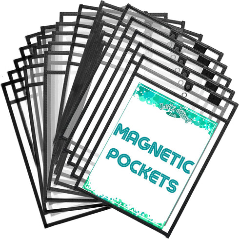 Magnetic Dry Erase Pockets by Two Point, 30-Pack, 10 x 14 in, Black Clear Plastic Sleeves for Paper