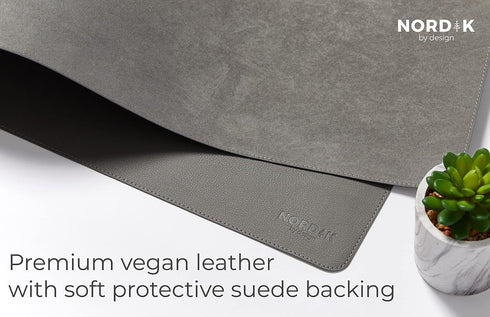 Nordik Leather Desk Mat Cable Organizer - Alaskan Gray 35 X 17 inch, Non-Slip Vegan Leather Desk Pad Protector