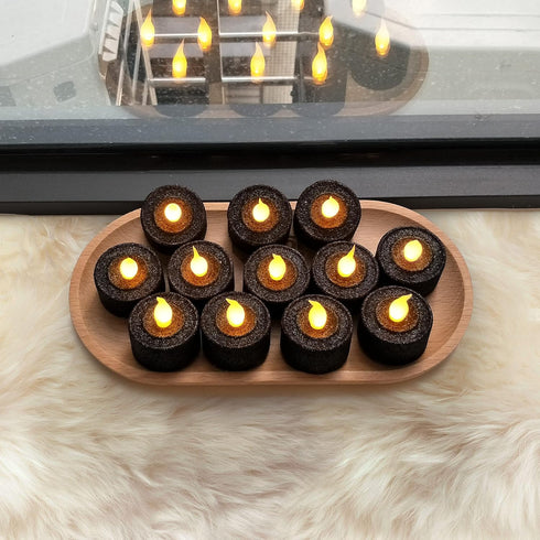 FURORA LIGHTING Black Glitter LED Tealight Candles, Pack of 12 Flameless Flickering Candles for Home D cor