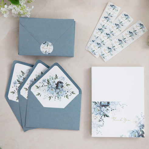 50 PACK 4x6 PONATIA Gold Foil Thank You Cards With Dusty Blue Envelopes, Floral Printing Greeting Cards With Adhesive