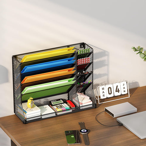 Wall Mounted 4 Tier File Organizer, Durable Adjustable Metal Vertical Hanging with 4 Pen Slots for Office, Black