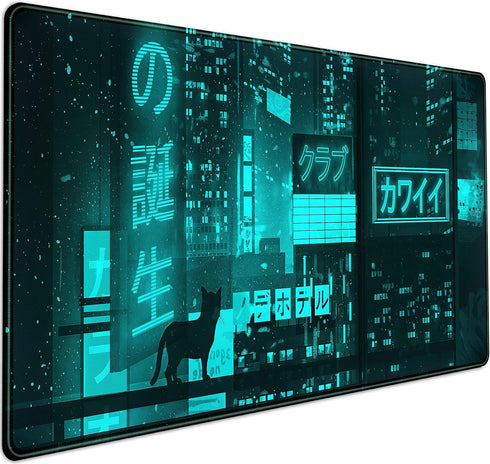 Extended Neon Tokyo Anime Cat Desk Mat, 31.5" x 15.7" Large Mouse Pad, Cool Stitched Edges for Gamers