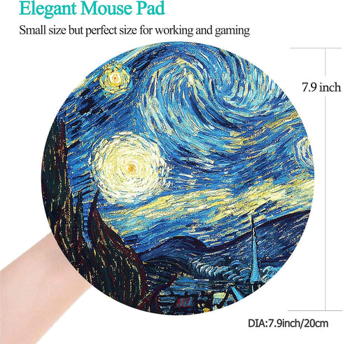 Van Gogh Starry Night Round Mouse Pad, Non-Slip Rubber Base, 7.87 x 7.87 Inch for Gaming