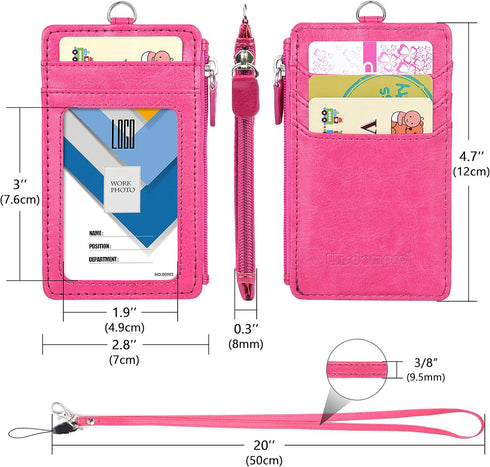 Badge Holder with Zip, Wisdompro Double Sided PU Leather ID Card Holder Wallet Case with 5 Card Slots, Hot Pink