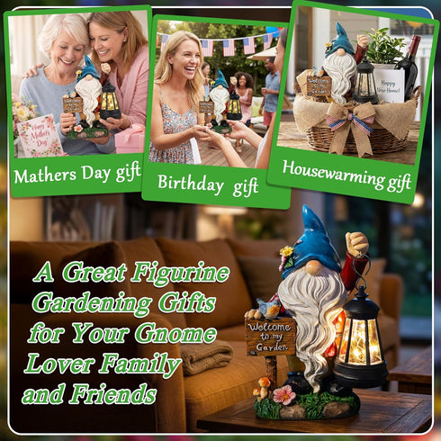 ZQQLITE Garden Gnome Statues Figurine Lights - Solar Powered Lighting Outdoor Decorations with Lantern & Welcome Sign