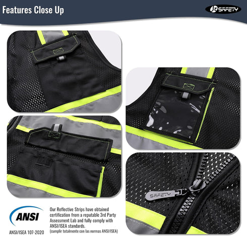 JKSafety Hi Vis Reflective Safety Vests for Men & Women, High Visibility Vest with Pockets, Black, XXL