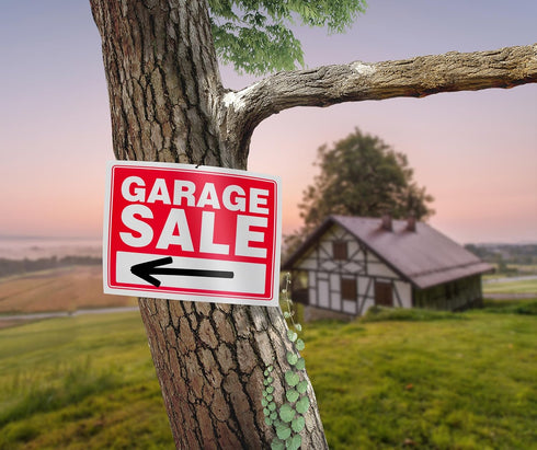 GARAGE SALE Sign Red Yard Sales Street Signs by Ram-Pro - 9 x 12 inch Plastic Banner Labels (Pack of 4)