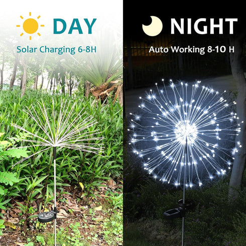 JJGoo 2 Pack Solar Firework Lights, 120 LEDs, 2 Lighting Modes, Waterproof for Garden, Party, Wedding, Cool White