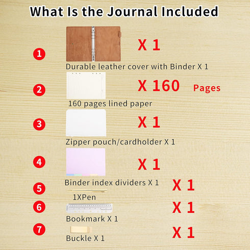 Wonderpool A6 Leather Journal, Refillable 6 Ring Binder Notebook with Lined Paper and Pen (Maroonpink)