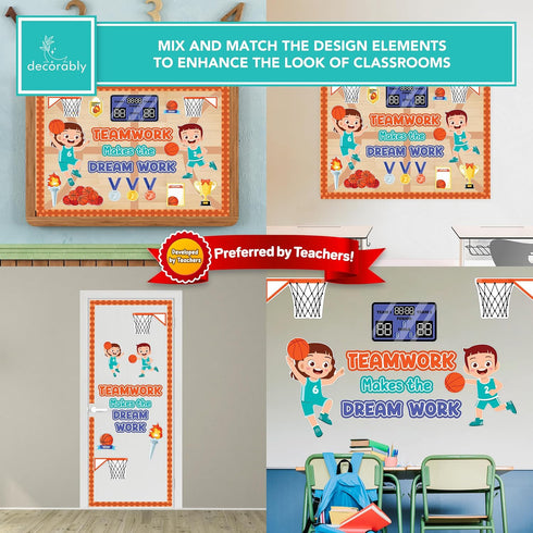 Decorably 47 Pcs Basketball Classroom Decor Set - Borders, Bulletin Board Decorations, Basketball Cutouts for Classroom