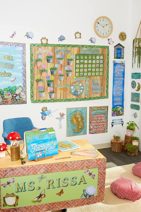 Eureka Curiosity Garden Classroom Calendar Bulletin Board Set for Teachers, 97 Pieces for Classroom Decoration