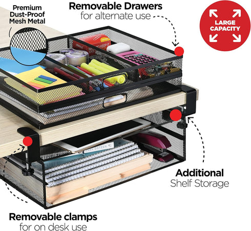 Under Desk Drawer Organizer, Clamp-On Mesh Metal Attachment with 2 Slide Out Drawers for Office Supplies