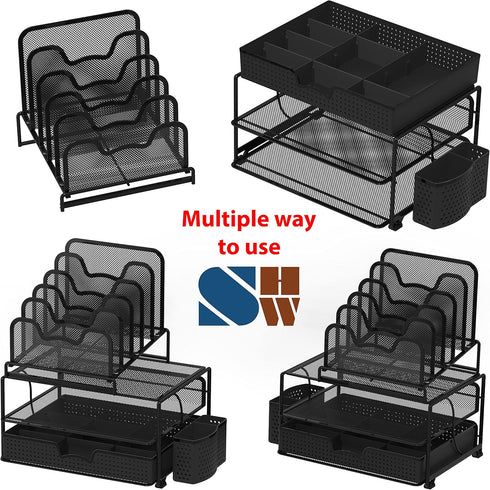 Simple Houseware Mesh Desk Organizer - Sliding Drawer, Double Tray, 5 Stacking Sorter Sections, Black