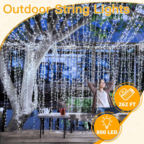 800LED 262FT, 8 Dimmable Ollny Christmas Lights Outdoor Cool White Plug in Fairy Light with Remote, Modes Waterproof