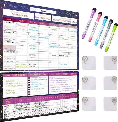 White Board Calendar Dry Erase, Magnetic Planner for Fridge & Wall - 10.5" x 16.5" with 5 Markers & 6 Adhesive Hooks