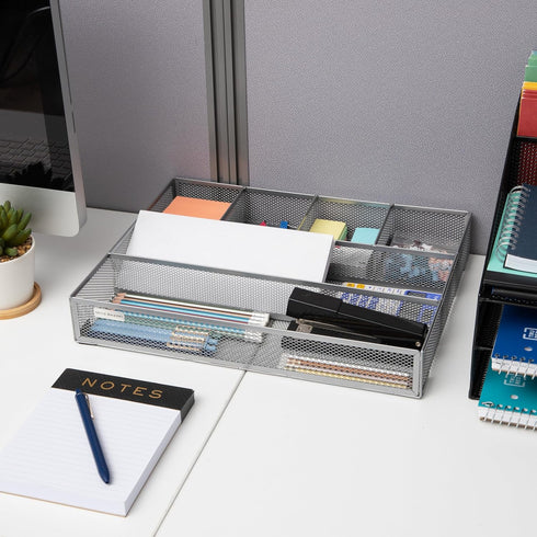Mind Reader Drawer Organizer, Desk Utensil Organizer, Metal Mesh, 15" L x 12" W x 2.25" H, Set of 2, Silver