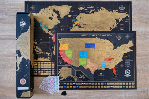 Two Scratch-Off Maps: World Map 17x24" + USA Map, Deluxe Travel Posters with Accessories